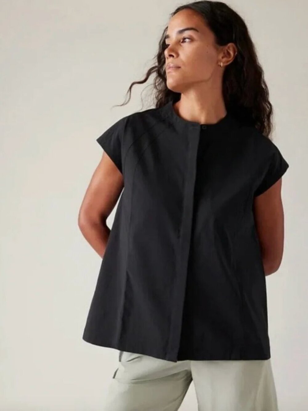 Athleta Performance Poplin Black Short Sleeve Oversized Button Front Popover, XL